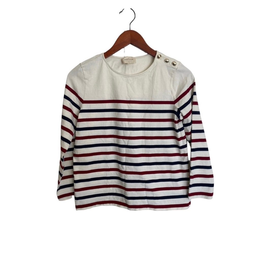 Sezane red and navy striped Breton top with gold buttons